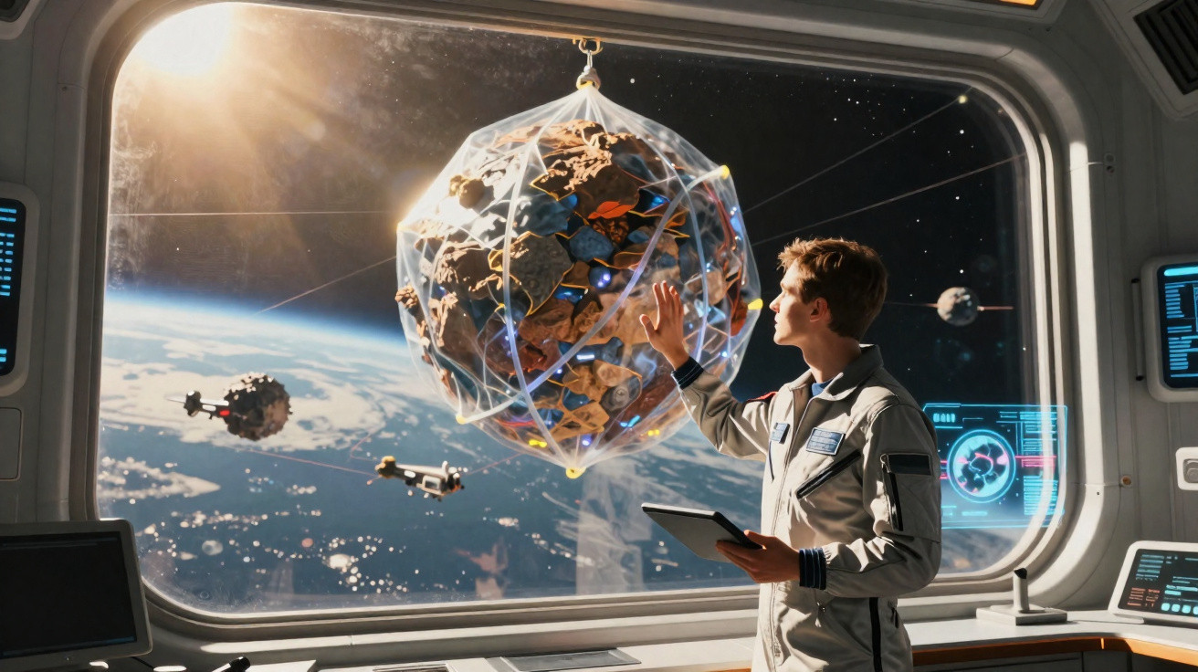 Astronauta observa e interage com modelo holográfico de asteroide dentro de estação espacial com vista para a Terra.