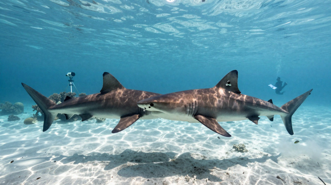 Dois tubarões nadando próximos ao fundo do mar cristalino com um mergulhador ao fundo.