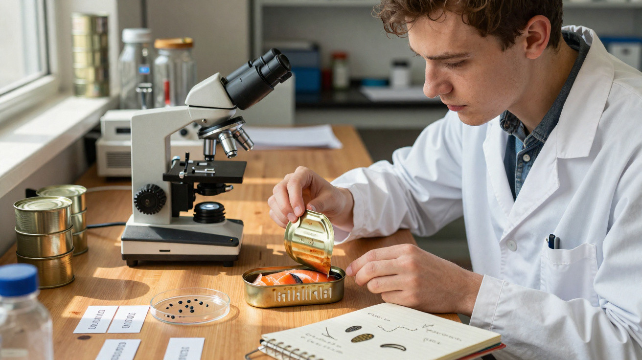 Jovem cientista em jaleco analisa peixe enlatado com microscópio em laboratório iluminado pela janela.