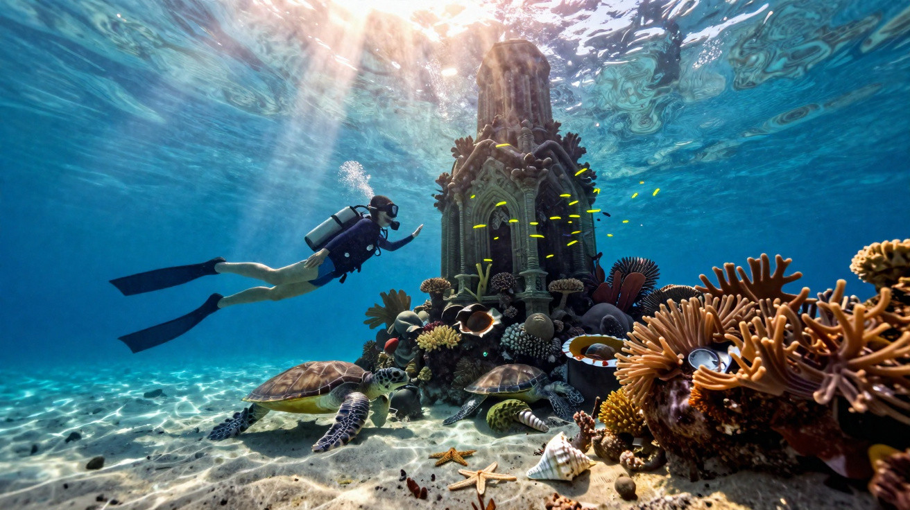 Mergulhador explora recife de corais com duas tartarugas e estrutura submersa iluminada pela luz do sol.