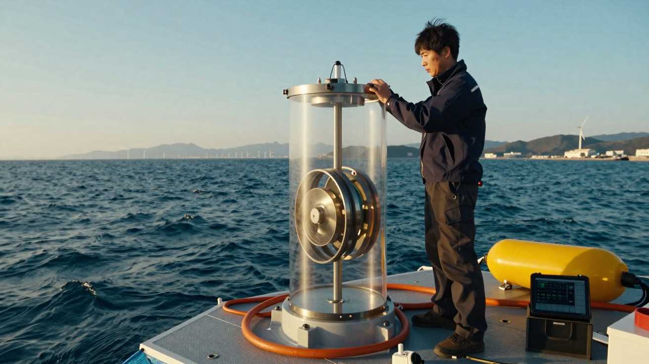 Homem ajusta equipamento cilíndrico transparente em barco no mar com turbinas eólicas ao fundo.