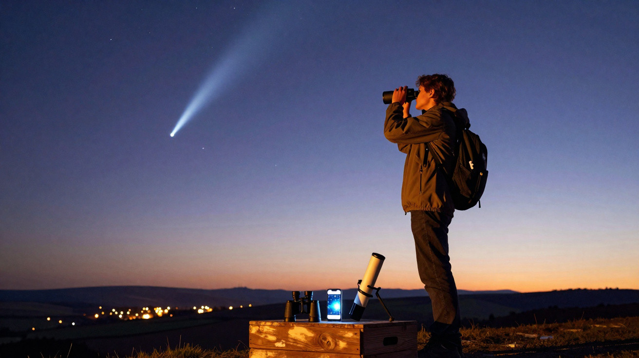 Pessoa observando com binóculo um cometa no céu ao anoitecer, com equipamentos de astronomia ao lado.