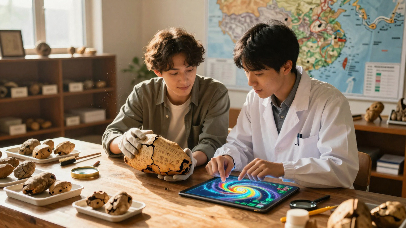 Dois jovens estudando fósseis com tablet digital em uma sala com mapas e utensílios científicos.