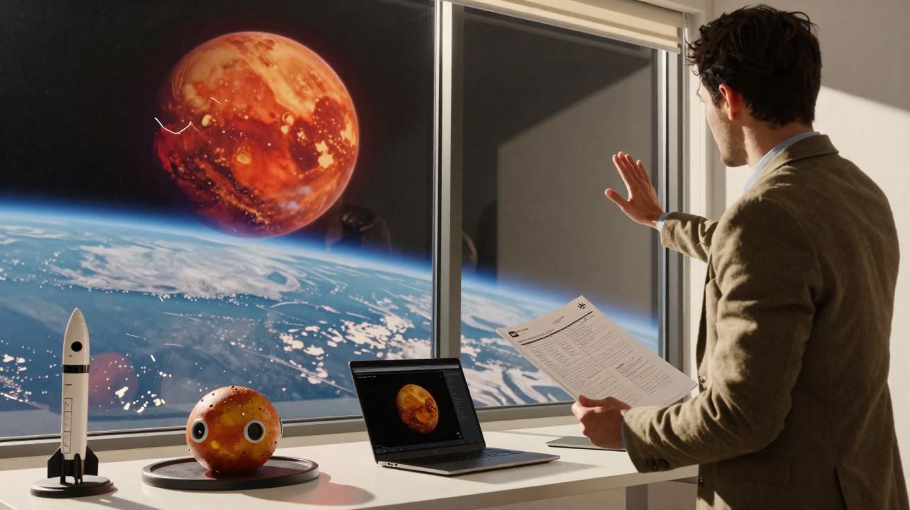 Homem de terno observa Marte vermelho gigante e a Terra do espaço, ao lado de objetos espaciais em mesa.