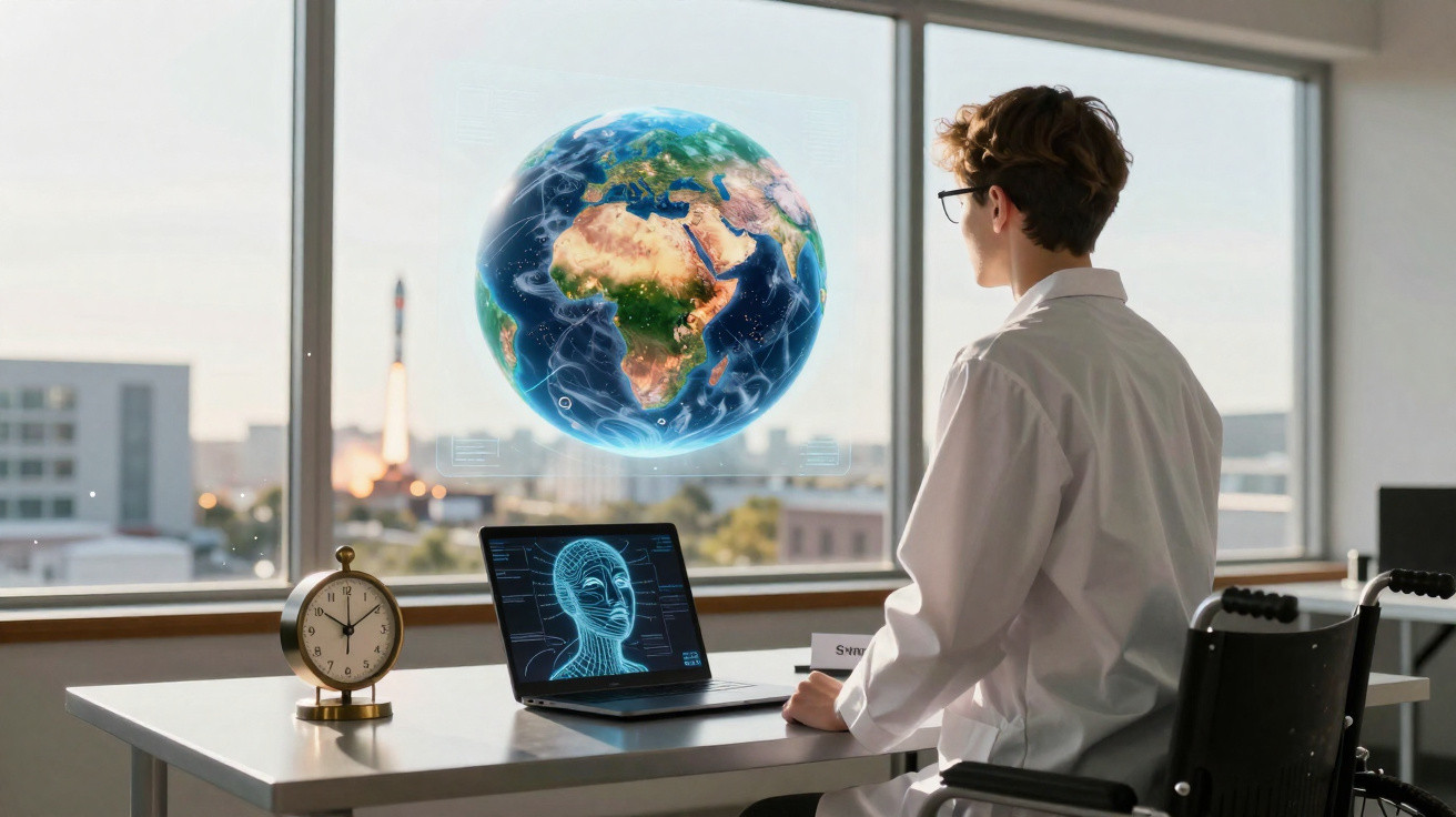 Jovem cientista com jaleco observa globos digitais em sala moderna com relógio e laptop na mesa.