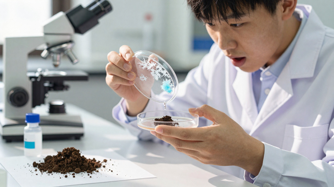 Cientista analisa amostra de solo em placa de Petri em laboratório com microscópio ao fundo.