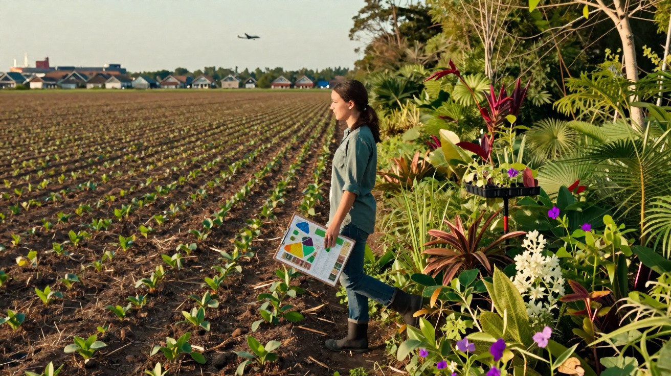 Mulher com trena e prancheta avalia plantação jovem ao lado de plantas ornamentais, com avião ao fundo.