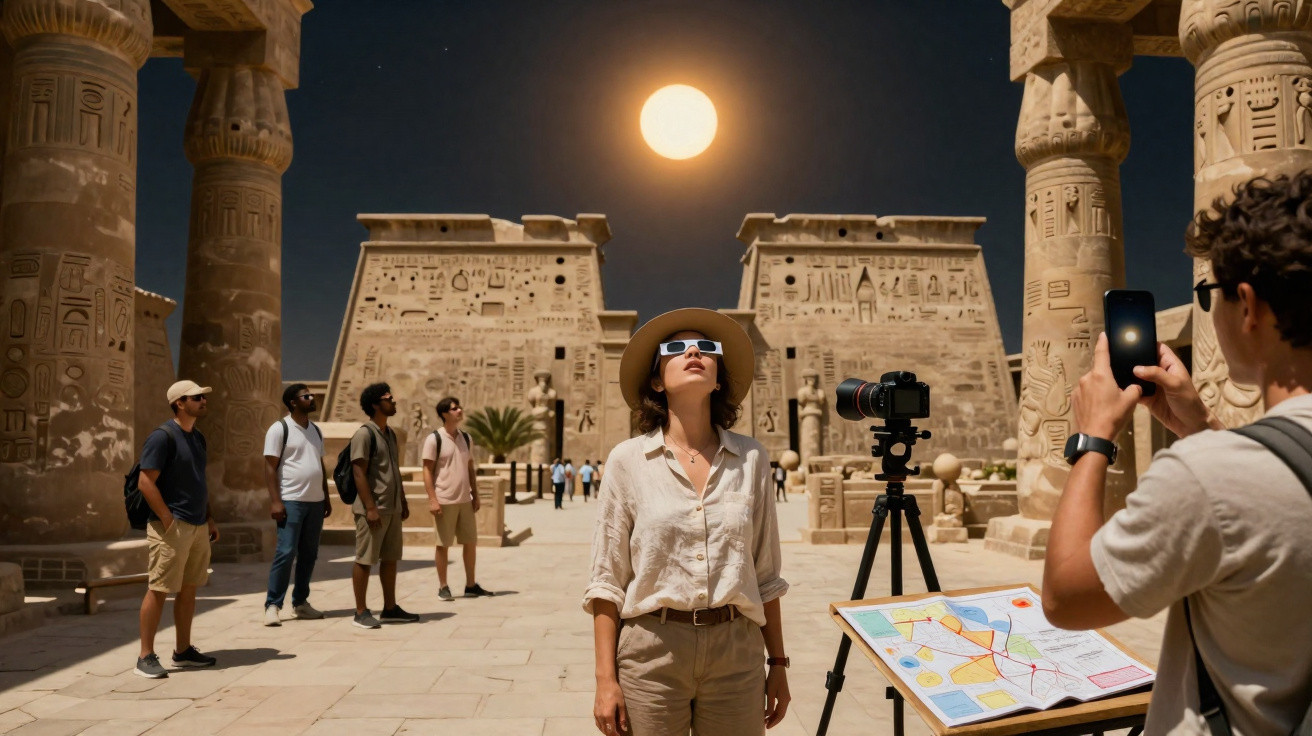 Turistas com óculos solares observam o sol diante de templo egípcio antigo à noite.