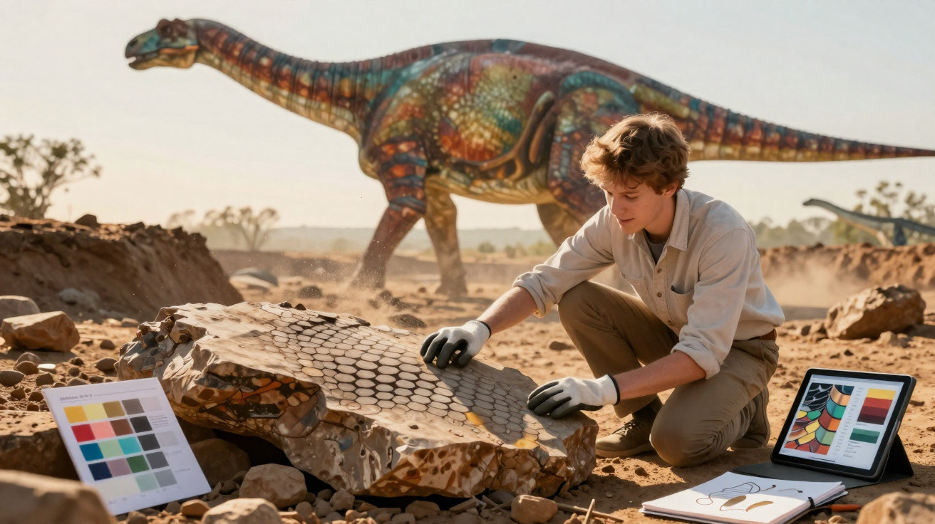 Jovem escavando fóssil de dinossauro colorido, com tablet e desenhos ao redor em paisagem desértica.