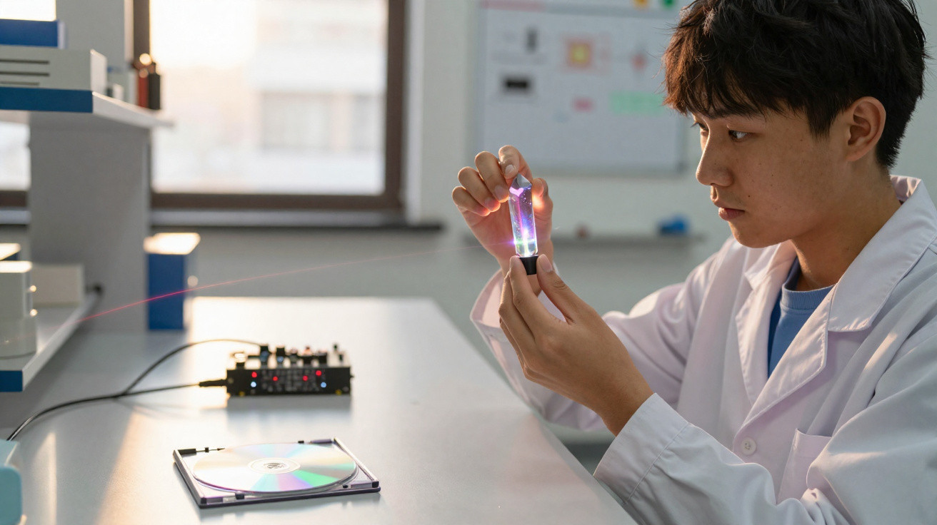 Jovem cientista em laboratório segurando dispositivo luminoso conectado a equipamento eletrônico.