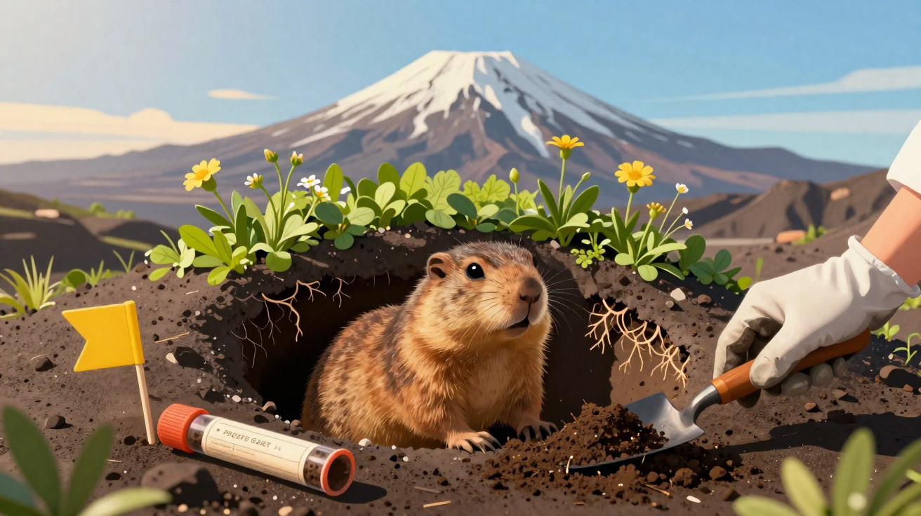 Pequeno roedor saindo de sua toca no solo próximo a uma mão com pá e uma montanha ao fundo.