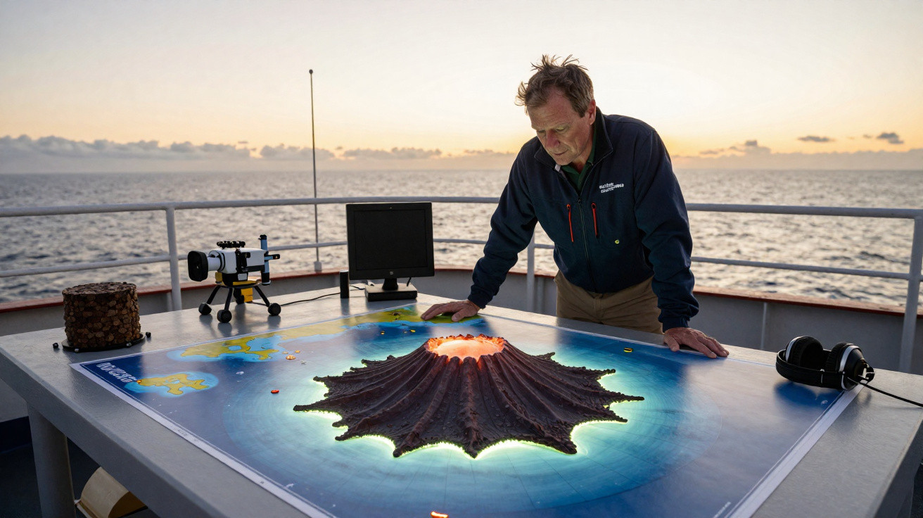 Homem observa modelo 3D iluminado de vulcão sobre mesa em navio ao pôr do sol.