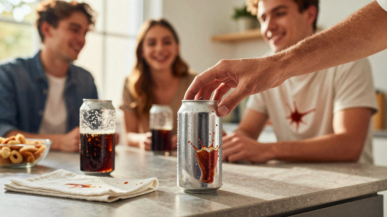 Pessoa segurando lata de refrigerante com manchas de líquido em mesa, três pessoas sorrindo ao fundo.