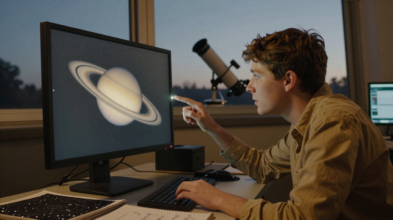 Jovem estudando uma imagem do planeta Saturno em computador, com telescópio ao fundo, à noite.