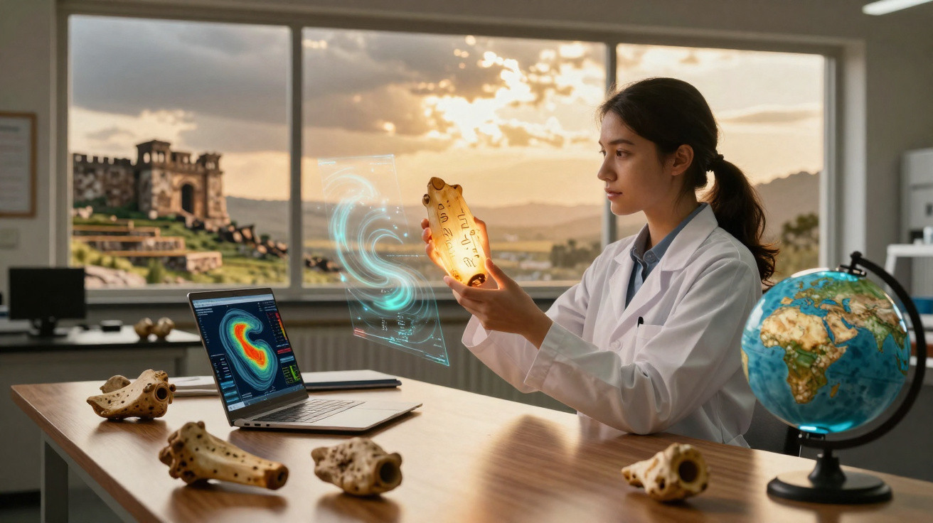 Cientista em laboratório analisa fóssil com holograma ao fundo e globo terrestre na mesa.