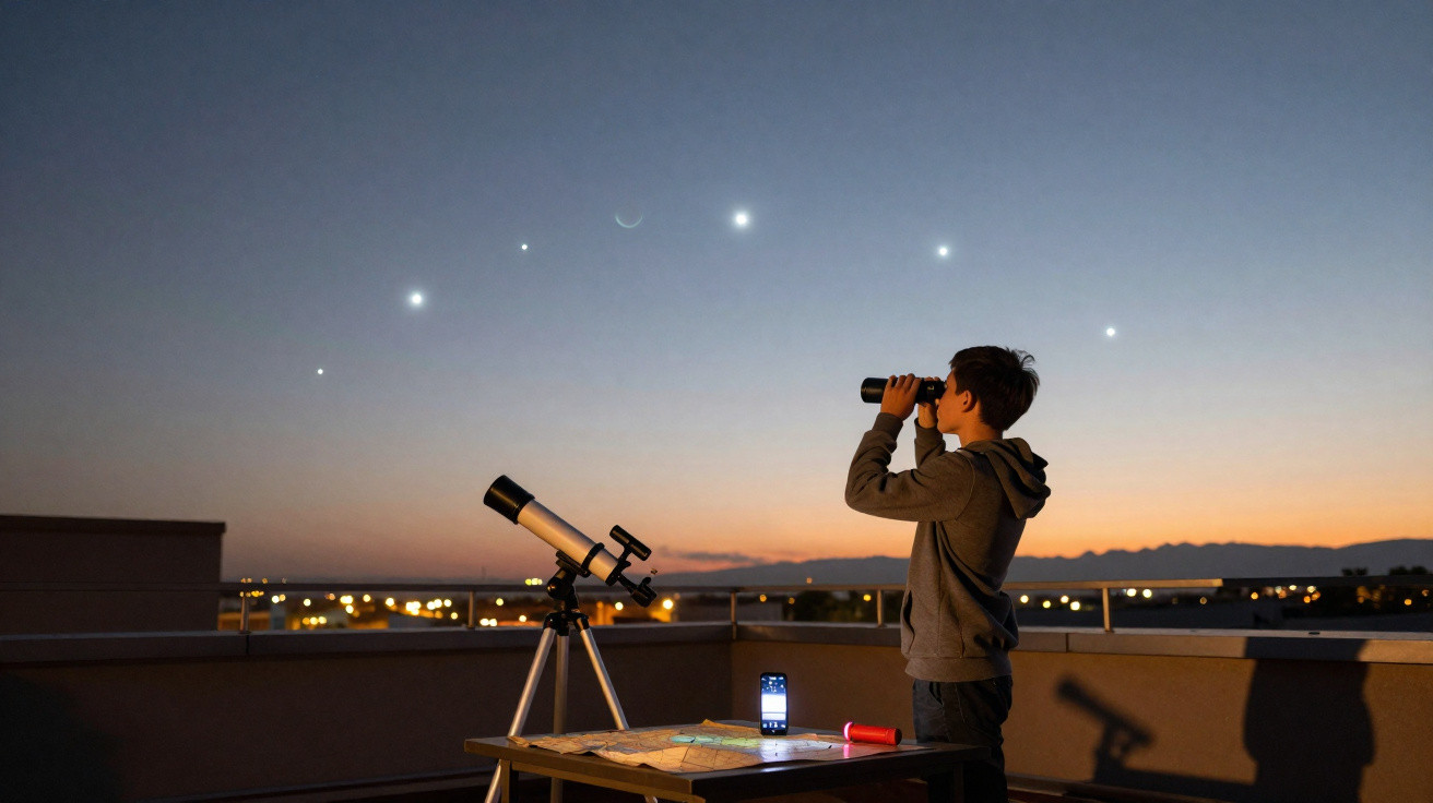 Criança observa o céu ao entardecer com binóculos, ao lado de um telescópio em varanda.