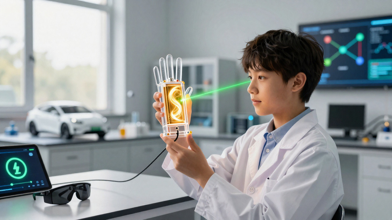 Criança com jaleco branco usando dispositivo tecnológico na mão com laser verde em laboratório moderno.