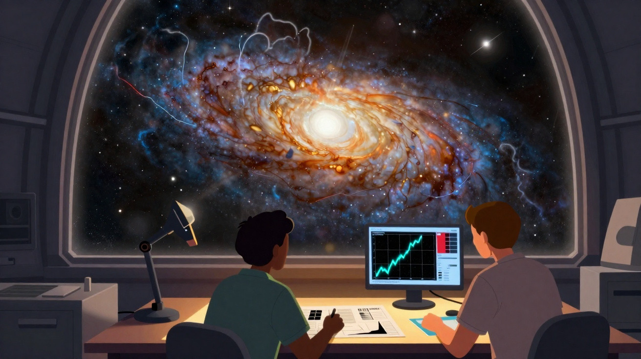 Duas pessoas observam dados no computador com uma galáxia brilhante vista pela janela de um observatório espacial.