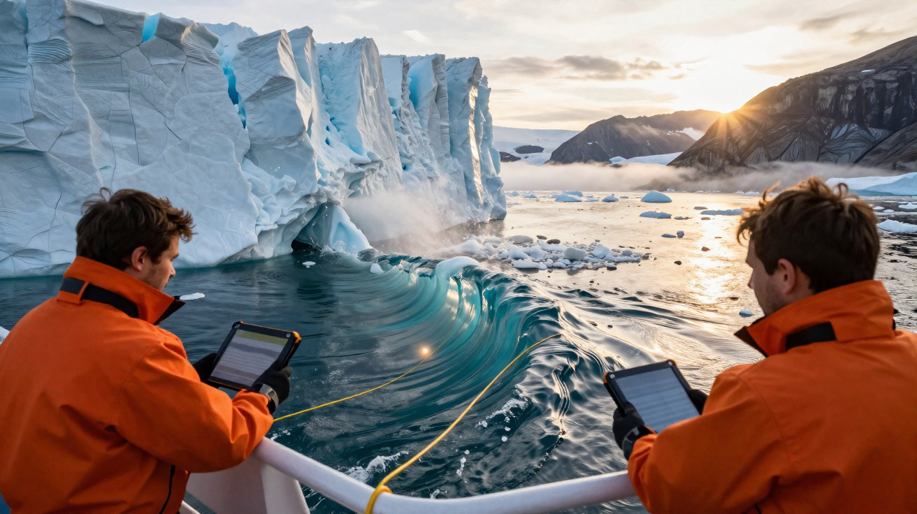 Dois homens com jaquetas laranja usam tablets enquanto observam derretimento de geleira no mar ao pôr do sol.