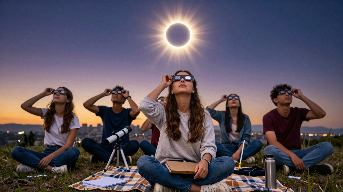 Grupo de jovens usando óculos de proteção observando eclipse solar ao pôr do sol em campo aberto.