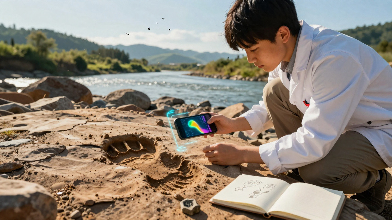 Jovem usando celular para escanear pegada na terra perto de rio, com caderno aberto ao lado.