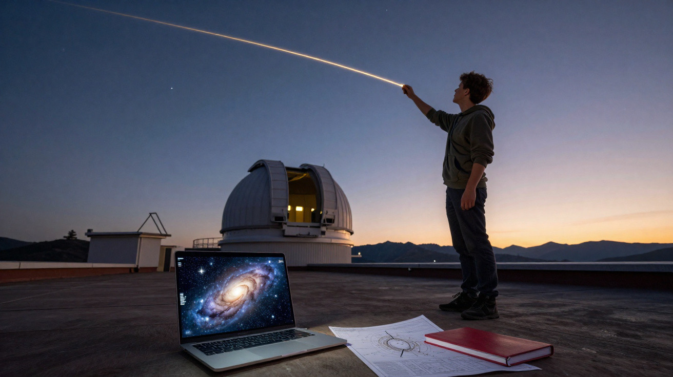 Jovem em observatório apontando para o céu ao entardecer com laptop, desenhos e caderno no chão.