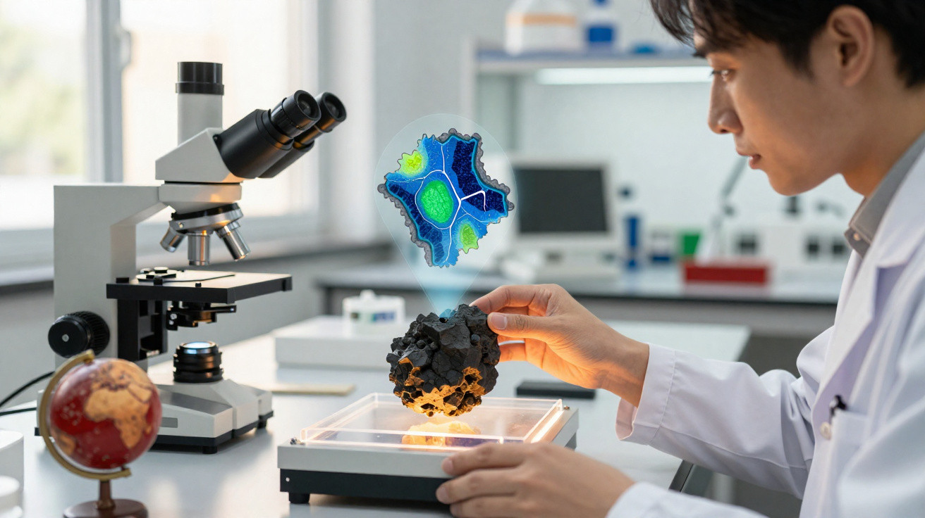 Pesquisador em laboratório observa holograma de célula acima de amostra rochosa iluminada em bancada.