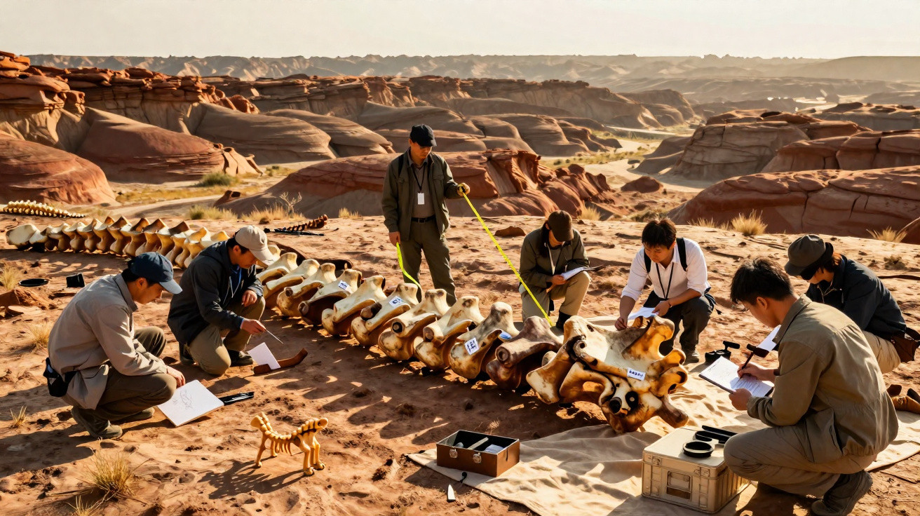 Equipe de pesquisadores analisando grandes vértebras fósseis no deserto com ferramentas e anotações.