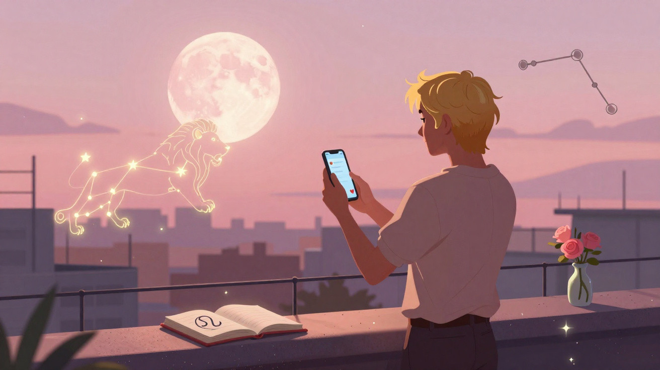 Jovem observa constelação de leão brilhando no céu ao pôr do sol, com livro e flores na varanda.