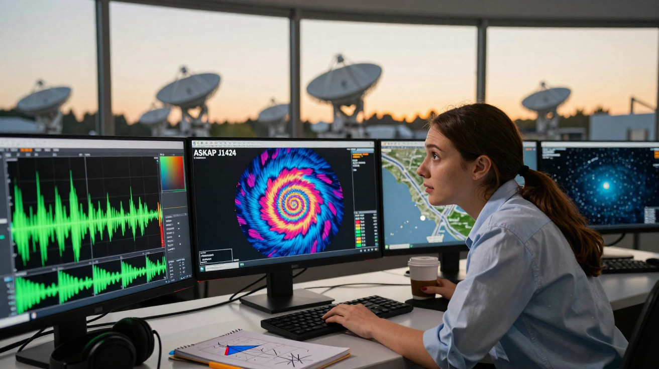 Mulher observa imagens de dados astronômicos em múltiplos monitores com radiotelescópios ao fundo.