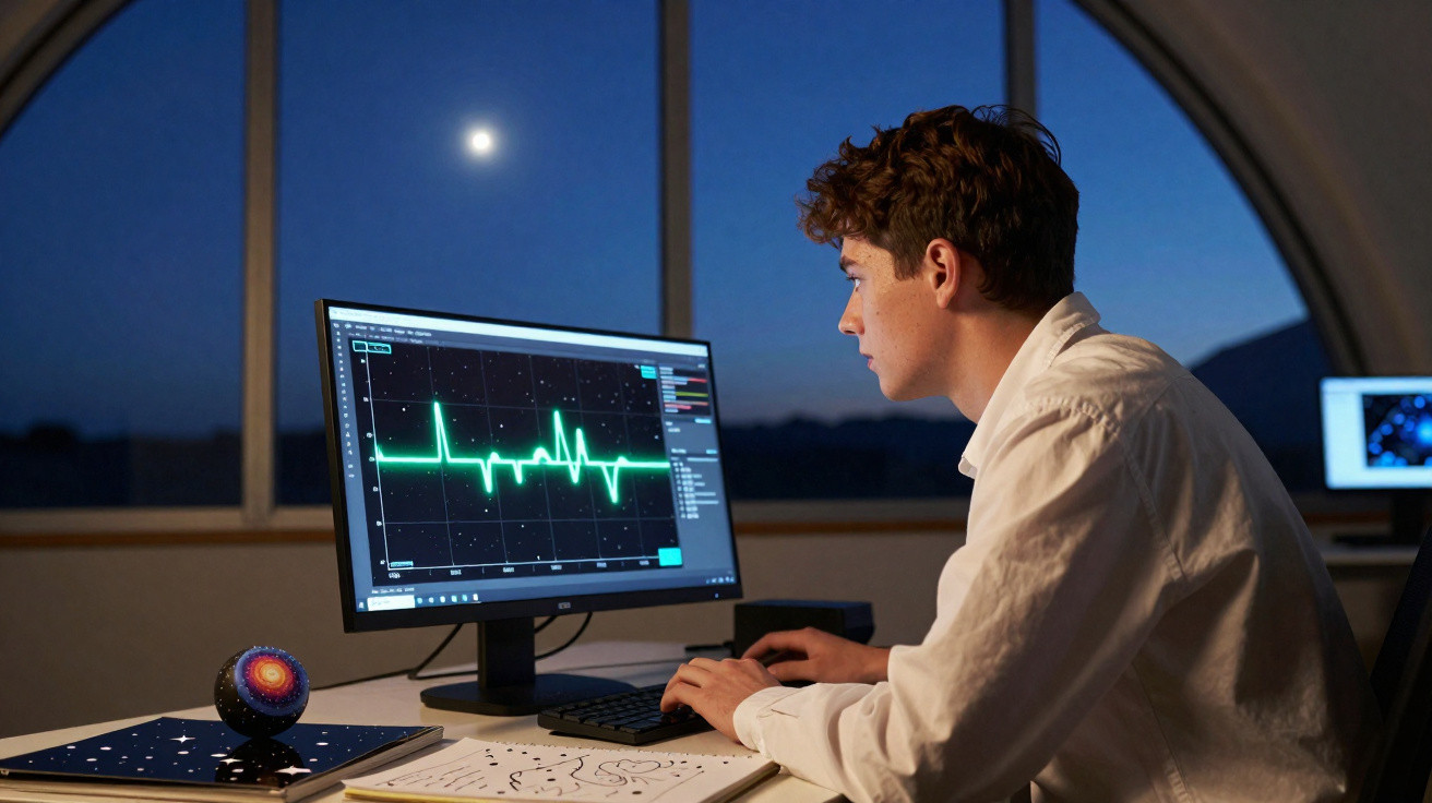 Jovem observa gráfico de batimentos cardíacos em monitor de computador durante a noite.