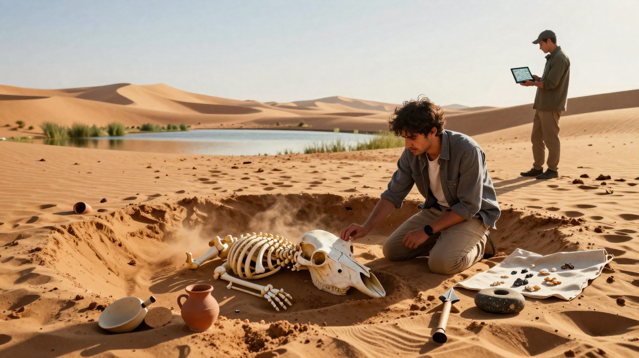 Dois arqueólogos no deserto escavando e examinando um esqueleto animal próximo a utensílios antigos.