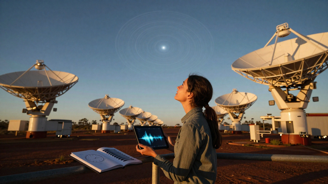 Mulher observando satélites com tablet e livro aberto em estação de antenas parabólicas ao pôr do sol.