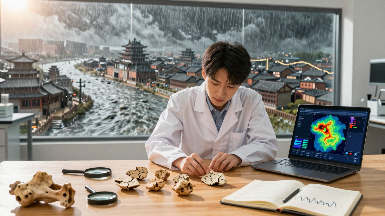 Jovem cientista analisa fósseis na mesa com lupa e notebook em laboratório com janela panorâmica chuvosa.