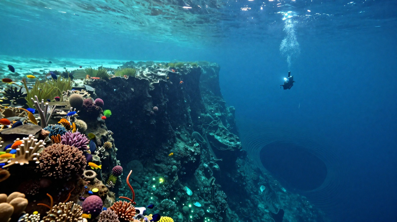 Mergulhador explorando recife colorido embaixo d'água com fauna marinha e um buraco azul profundo.