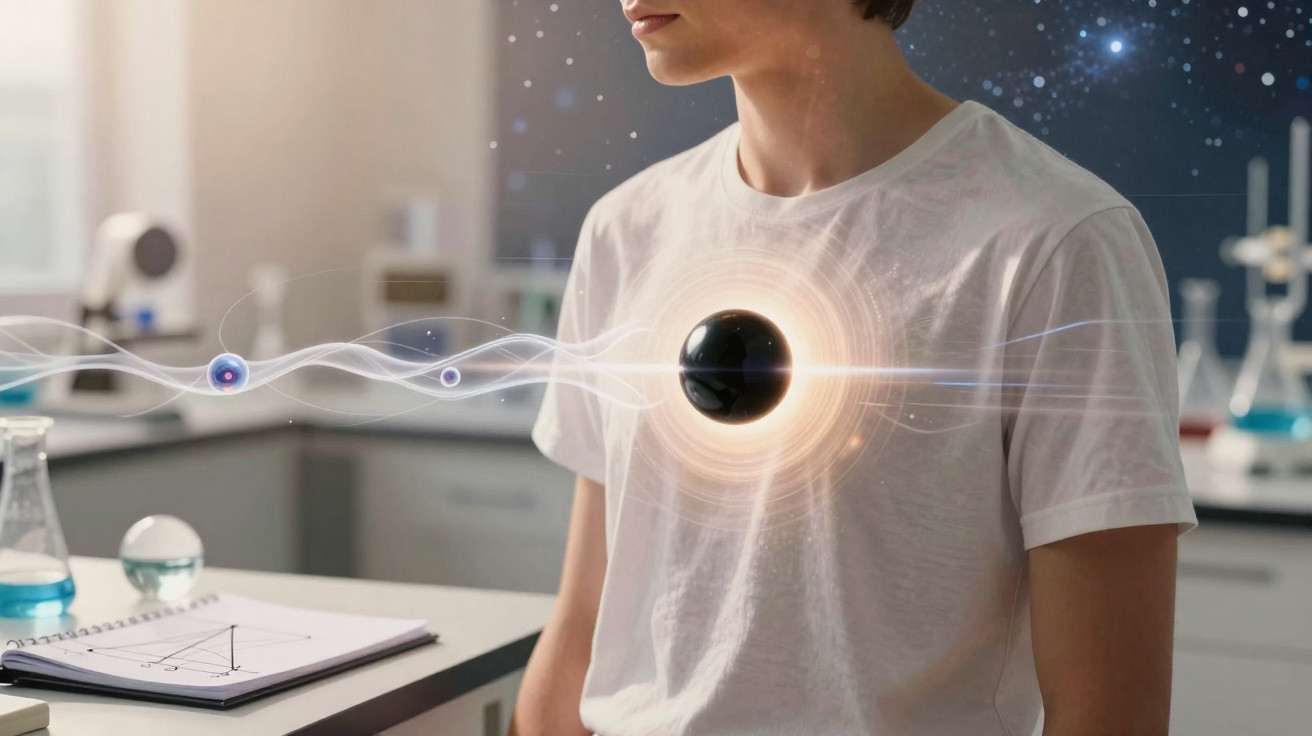 Pessoa com camiseta branca e imagem digital de planeta e órbitas no peito em ambiente de laboratório científico.
