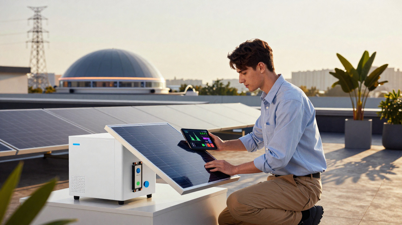 Homem ajusta painel solar com tablet em área externa com várias placas solares ao fundo.