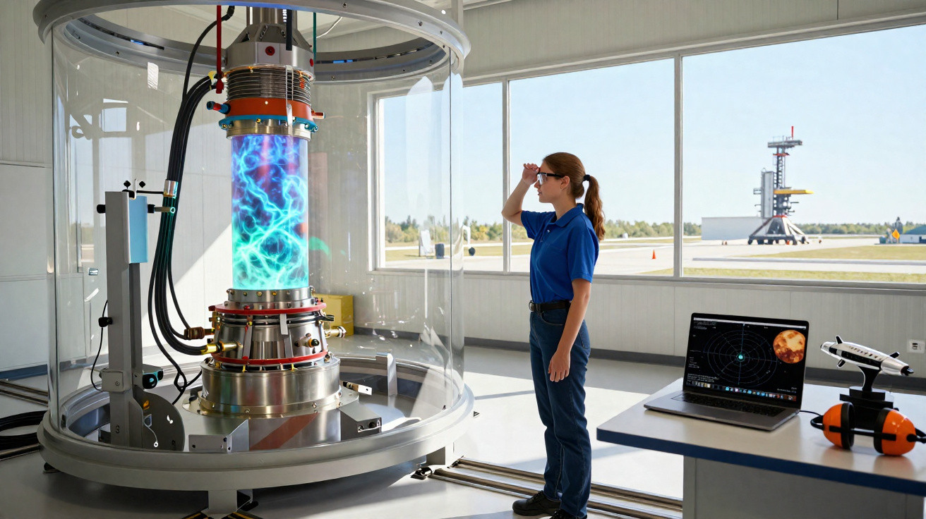 Mulher observa máquina futurista com plasma azul em laboratório moderno de testes espaciais.