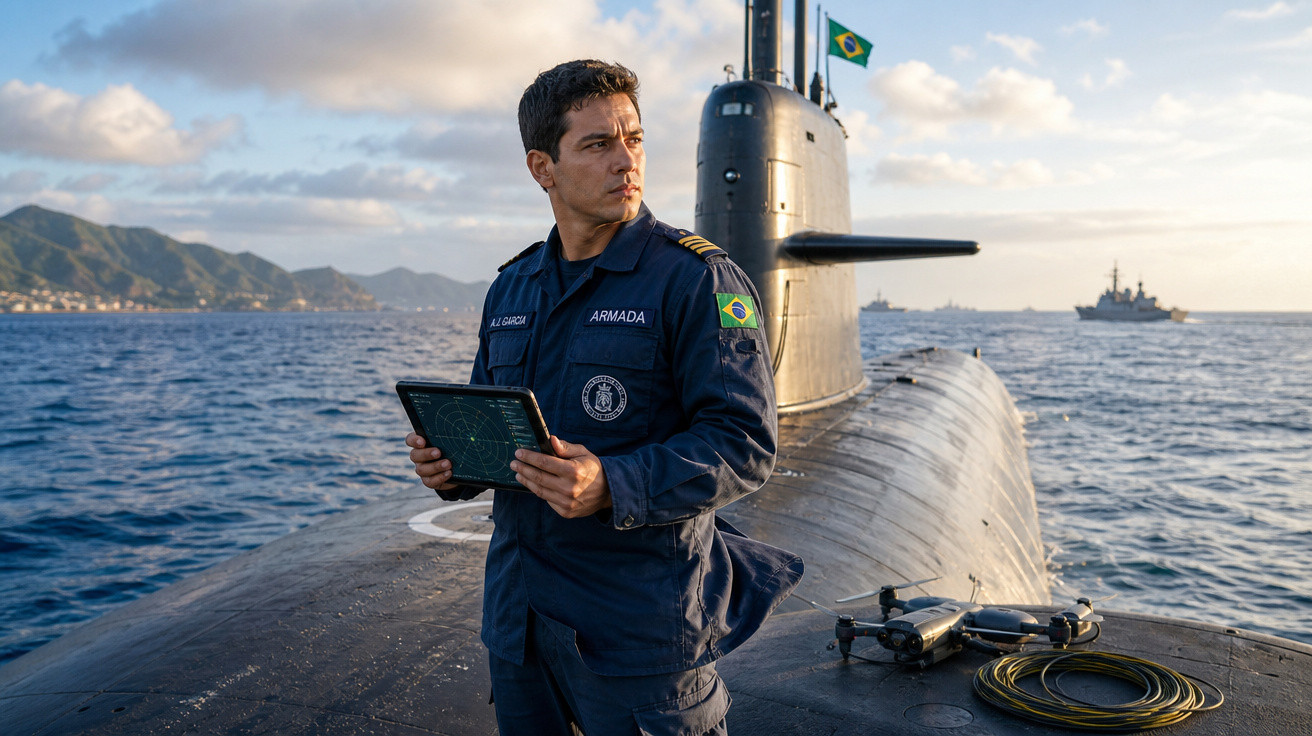 Militar da Marinha brasileira em pé sobre submarino com tablet na mão durante o dia.