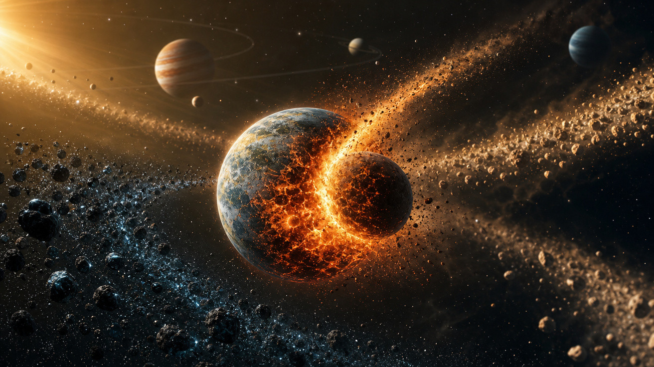Colisão entre dois planetas com ejeção de detritos incandescentes no espaço sideral, próximo a outros planetas.