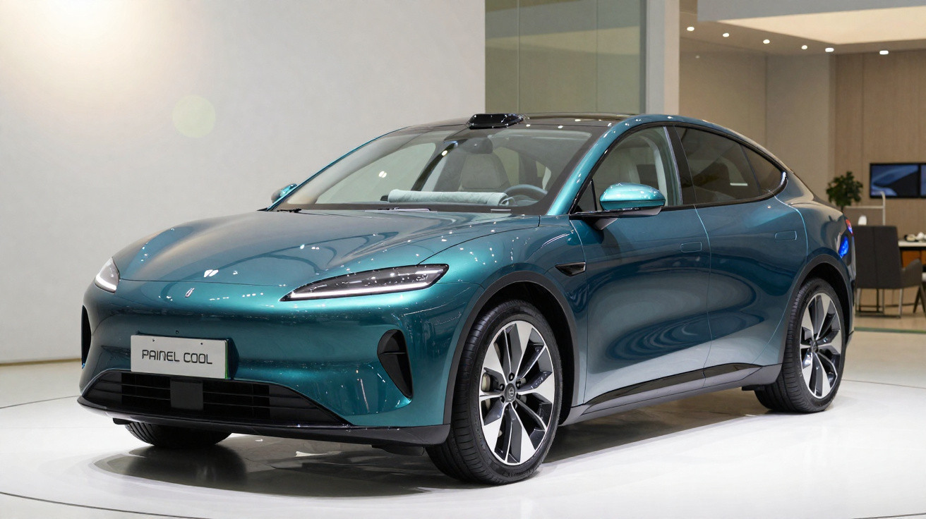 Carro elétrico verde metálico exposto em ambiente interno moderno, modelo sleek com rodas esportivas.