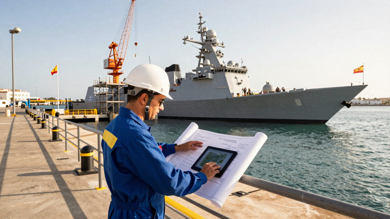 Homem com capacete e macacão azul verifica planta e tablet em porto com navio militar ao fundo.
