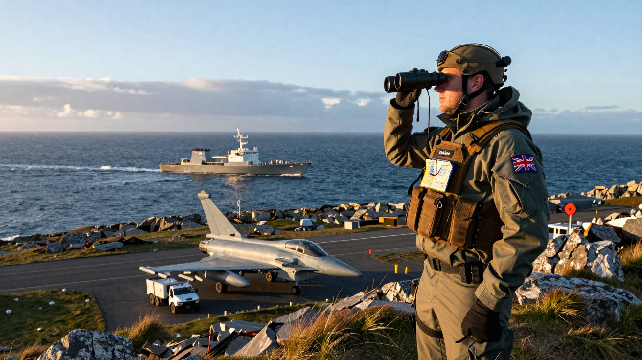 Militar britânico com binóculos em área costeira, jato de combate e navio ao fundo.