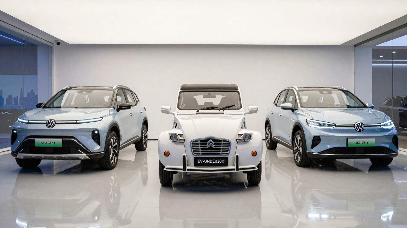 Dois carros elétricos modernos Volkswagen ao lado de um carro clássico Citroën branco em showroom.
