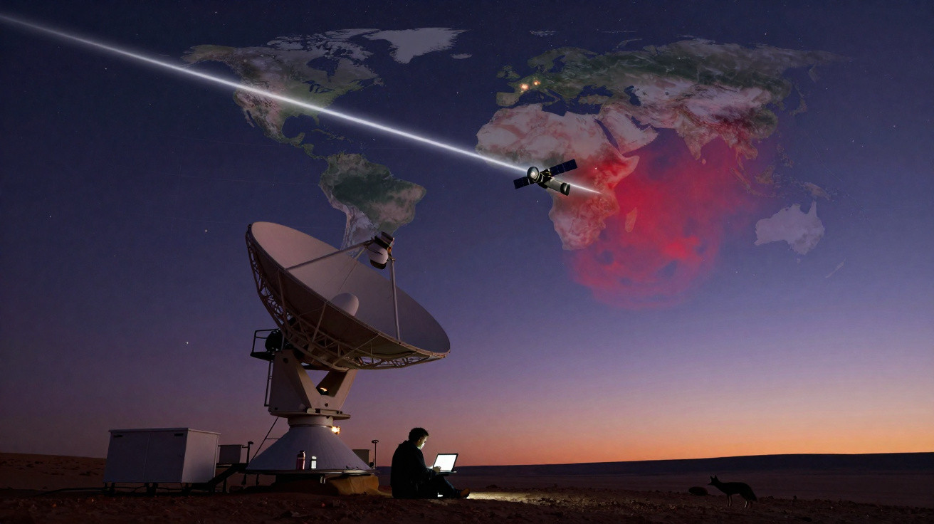 Pessoa com notebook perto de antena parabólica em deserto, satélite e mapa mundial com luzes e área vermelha.