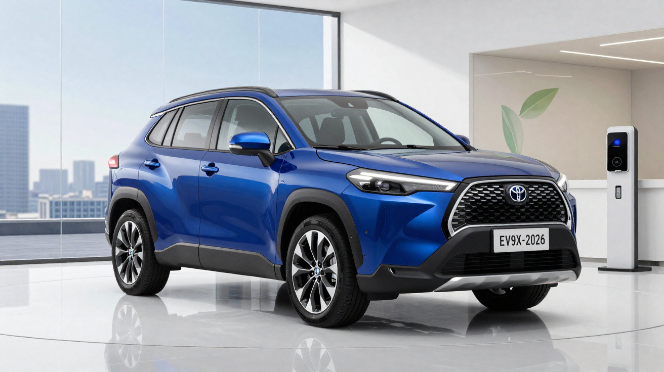 SUV Toyota elétrico azul em ambiente interno com carregador ao lado e vista urbana ao fundo.