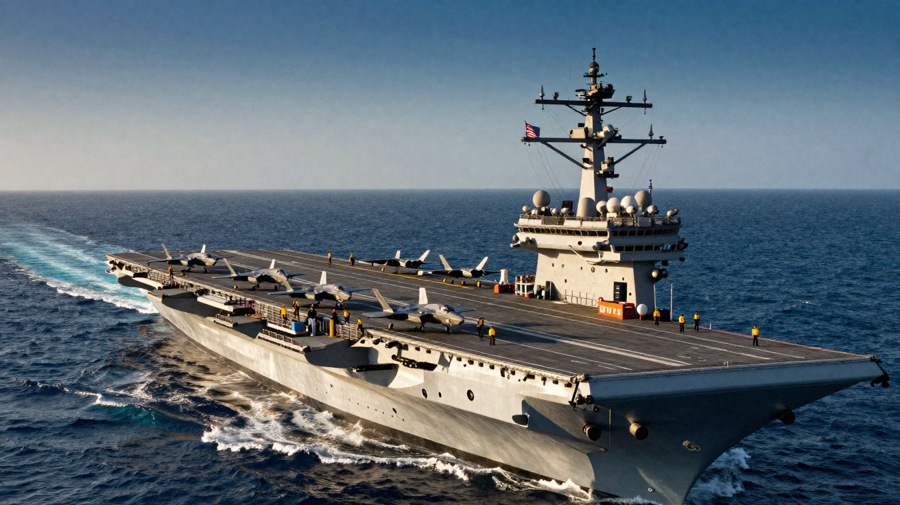 Porta-aviões navegando no mar com aviões militares estacionados no convés e tripulantes ao redor.