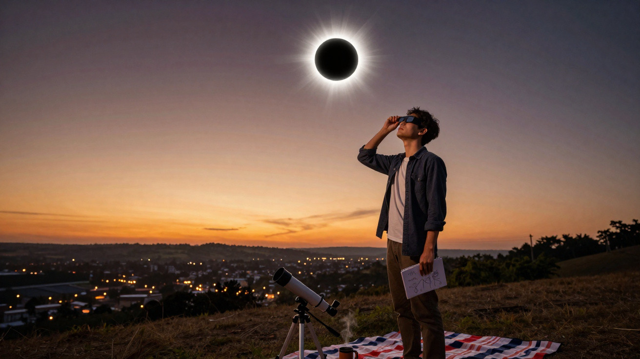 Jovem observa eclipse solar com óculos especiais, com telescópio e mapa astronômico ao pôr do sol.