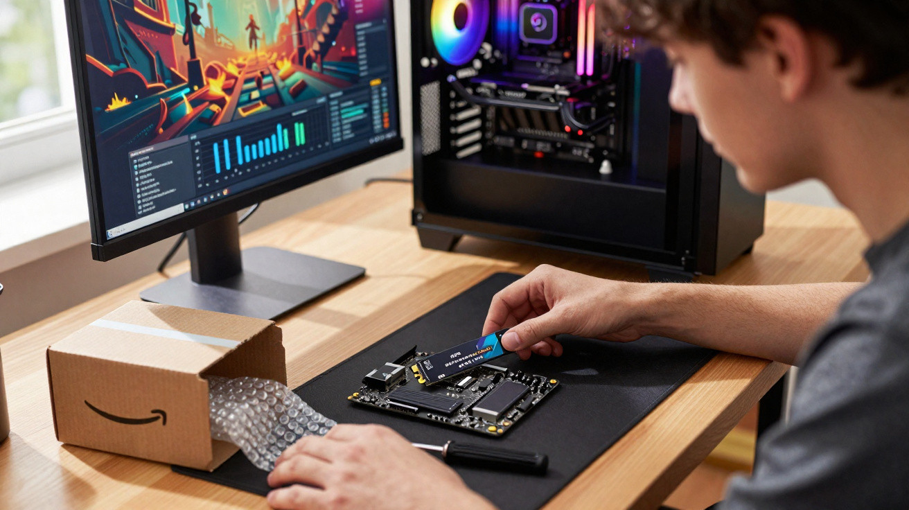 Pessoa instalando módulo de memória em placa-mãe com computador aberto e monitor ligado na mesa.