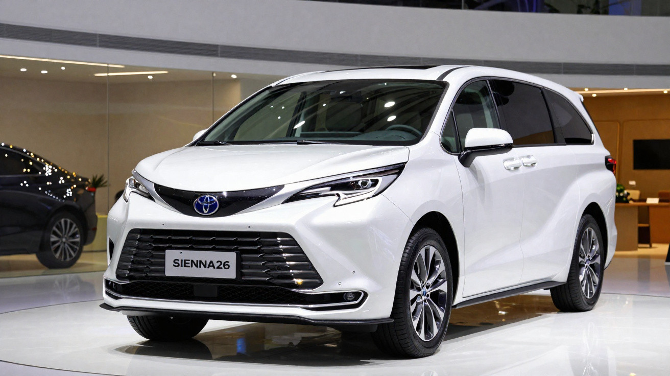 Minivan Toyota Sienna branca em exposição, vista frontal com design moderno e rodas de liga leve.